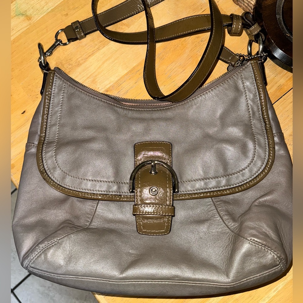 Coach Vintage Taupe Shoulder Bag With Patent Accents